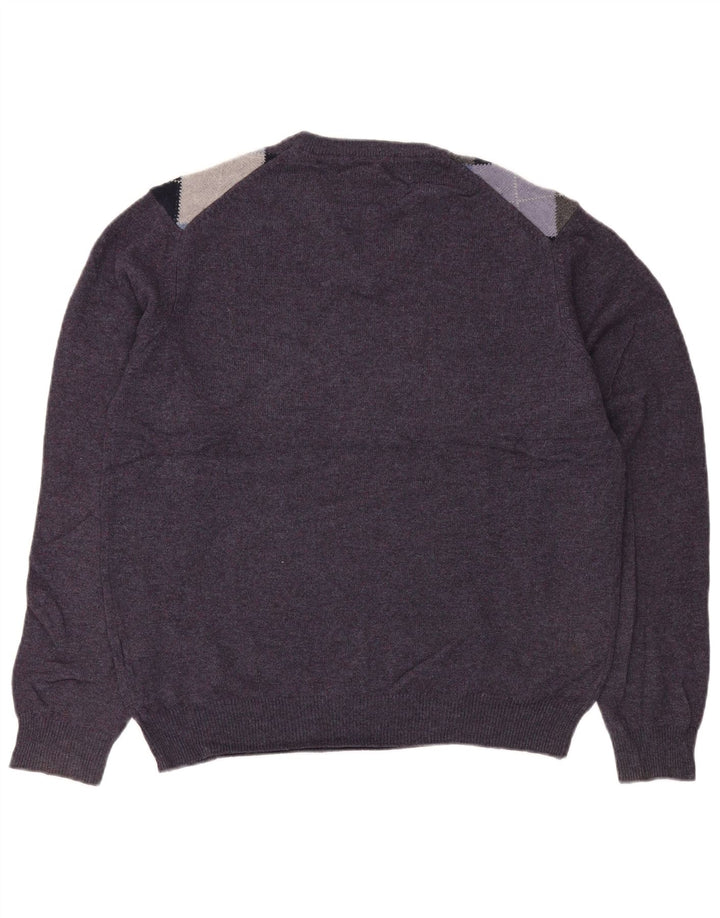 Suéter masculino Marks & Spencer com decote em V médio roxo Argyle/Diamante