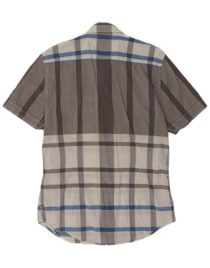 Guess Camisa masculina de manga curta slim fit pequena cinza xadrez algodão