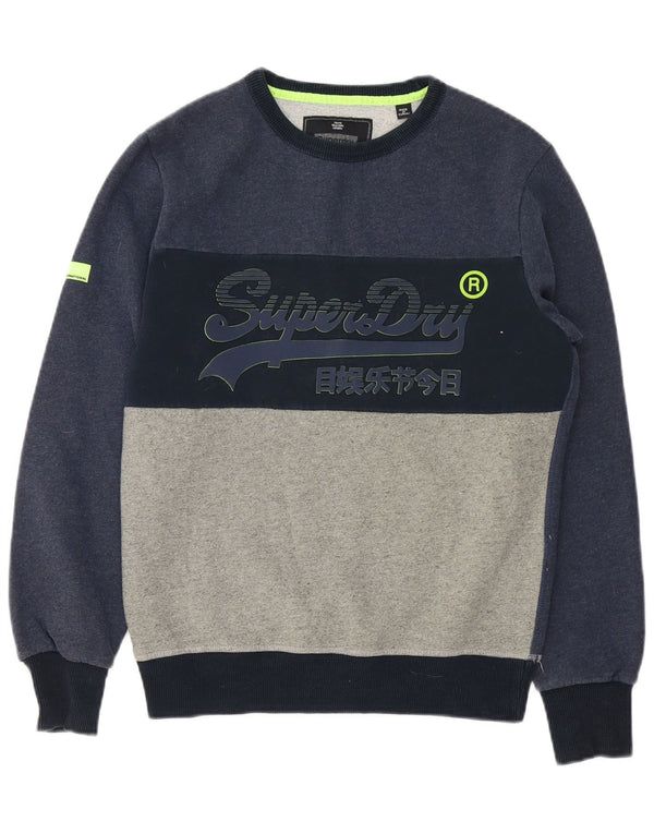 Superdry moletom gráfico masculino jumper médio azul marinho algodão colorblock