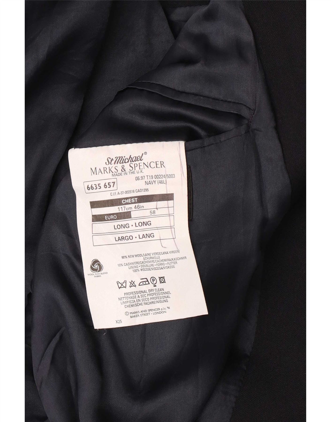 Jaqueta Blazer Longline Masculina Marks & Spencer Reino Unido 46 XL Azul Marinho