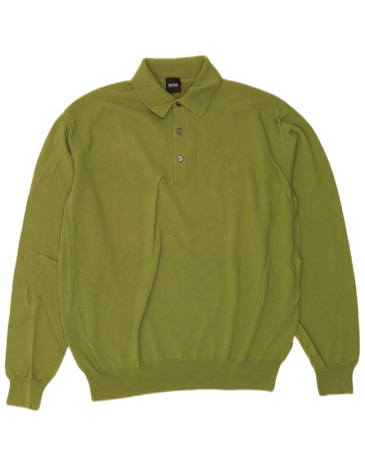 Suéter masculino Hugo Boss com gola polo e lã virgem verde médio