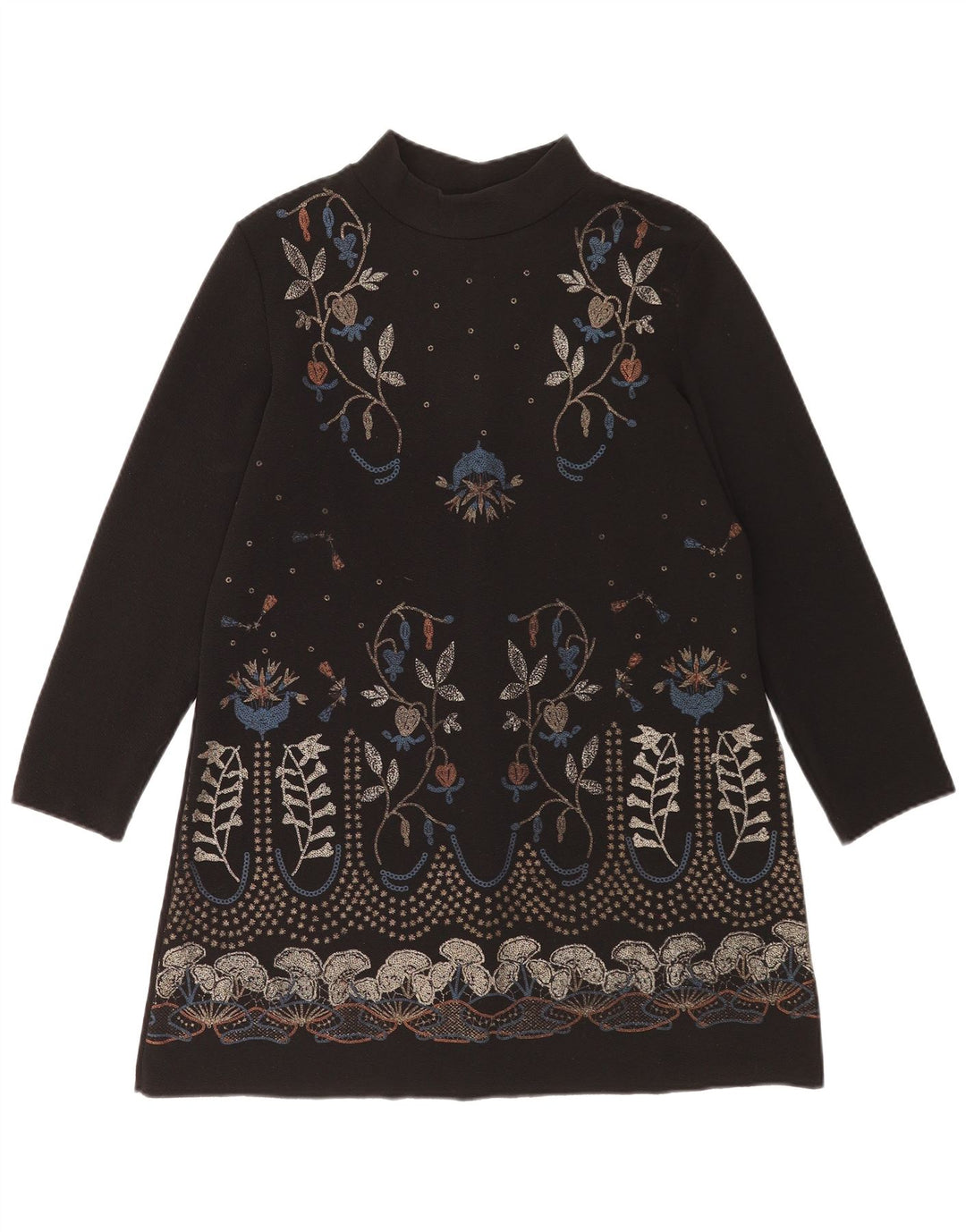 Vestido feminino Zara manga comprida, UK 14, médio, preto, floral, poliéster