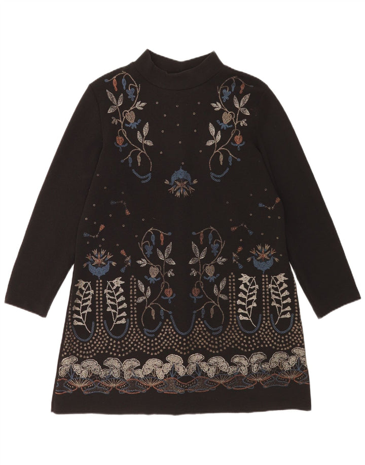 Vestido feminino Zara manga comprida, UK 14, médio, preto, floral, poliéster