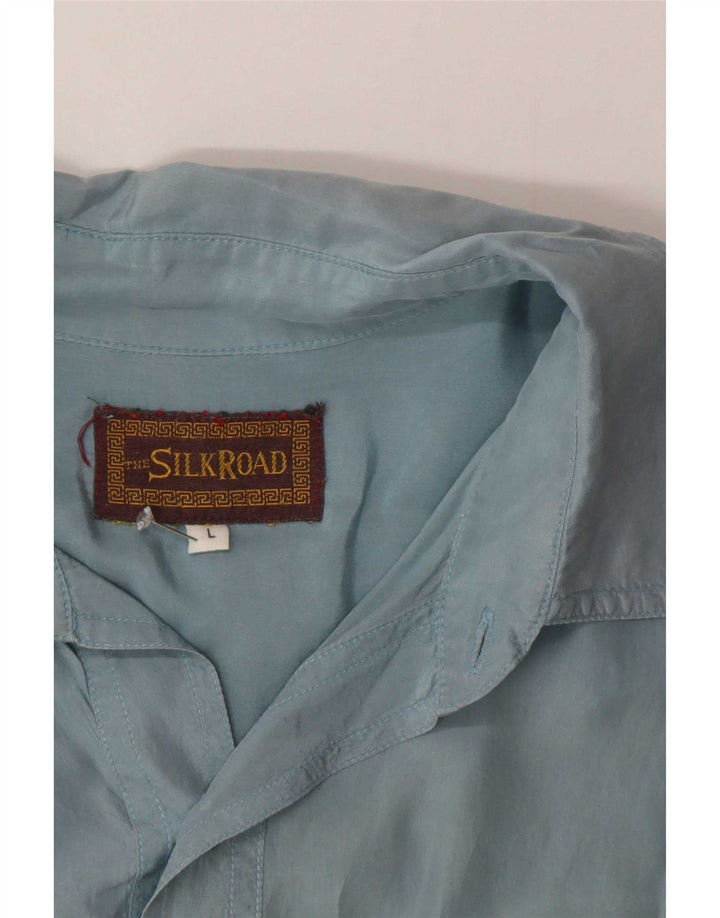 Camisa masculina vintage de manga curta grande seda azul