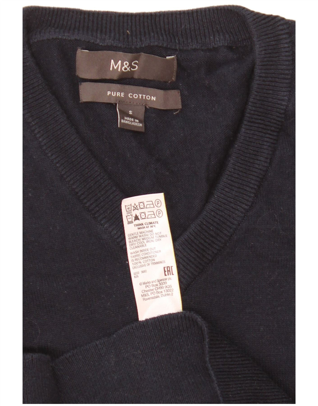 Suéter masculino Marks & Spencer com decote em V pequeno algodão azul marinho