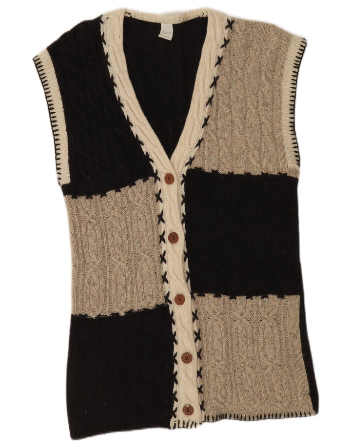 Suéter cardigã feminino sem mangas Astor Reino Unido 14 lã colorblock cinza médio