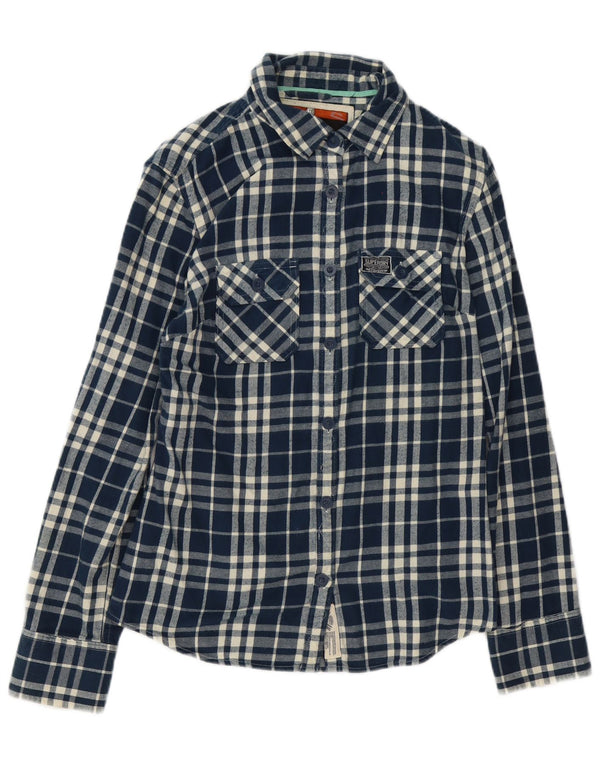 Camisa de flanela feminina Superdry Reino Unido 14 grande algodão xadrez azul marinho