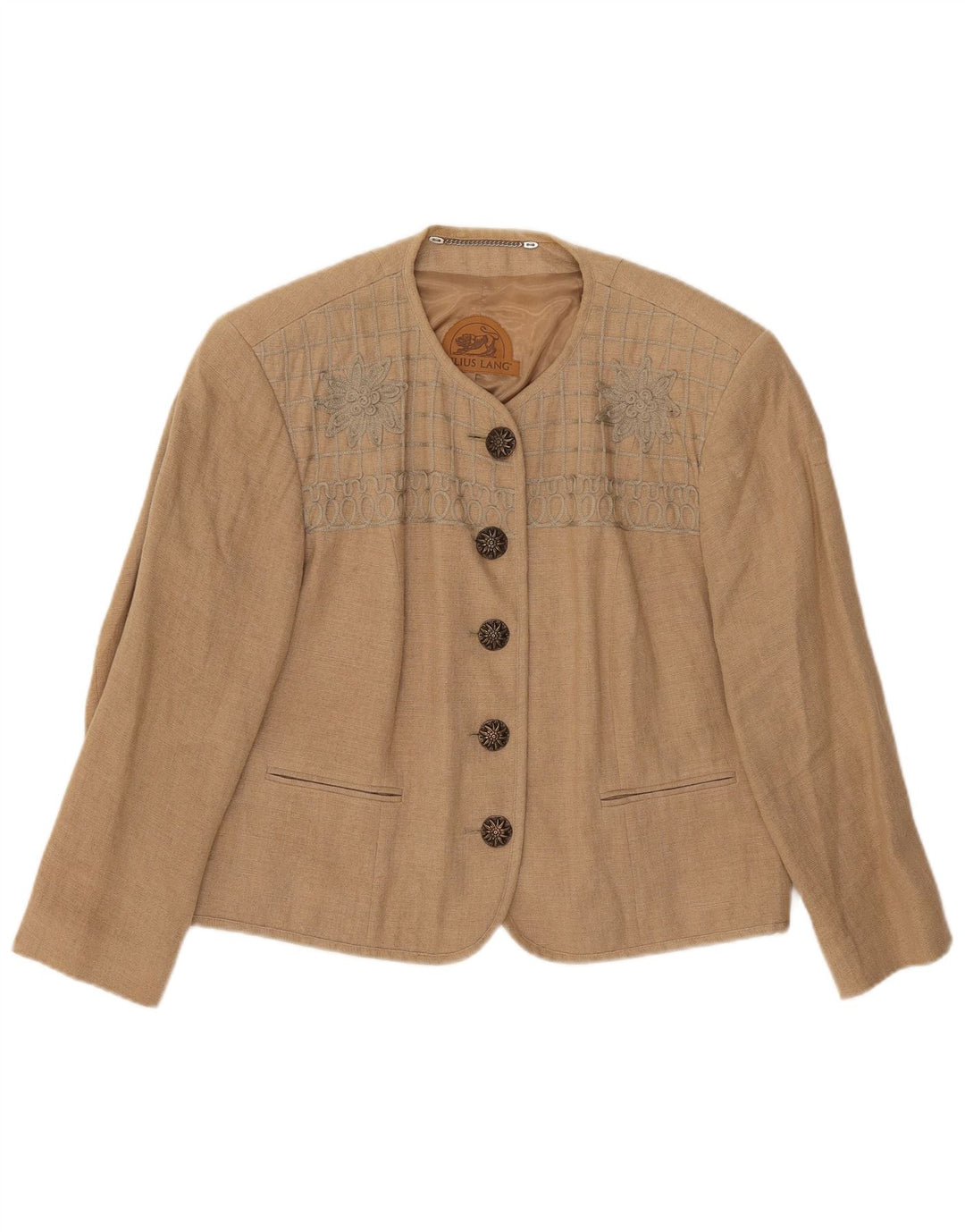 Jaqueta blazer feminina Julius Lang com 5 botões Reino Unido 16 grande linho floral bege