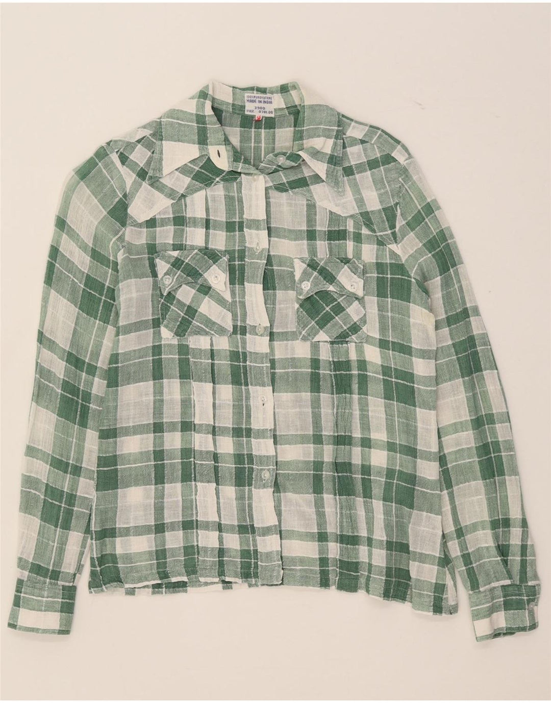 Camisa feminina vintage Reino Unido 14 algodão xadrez verde médio