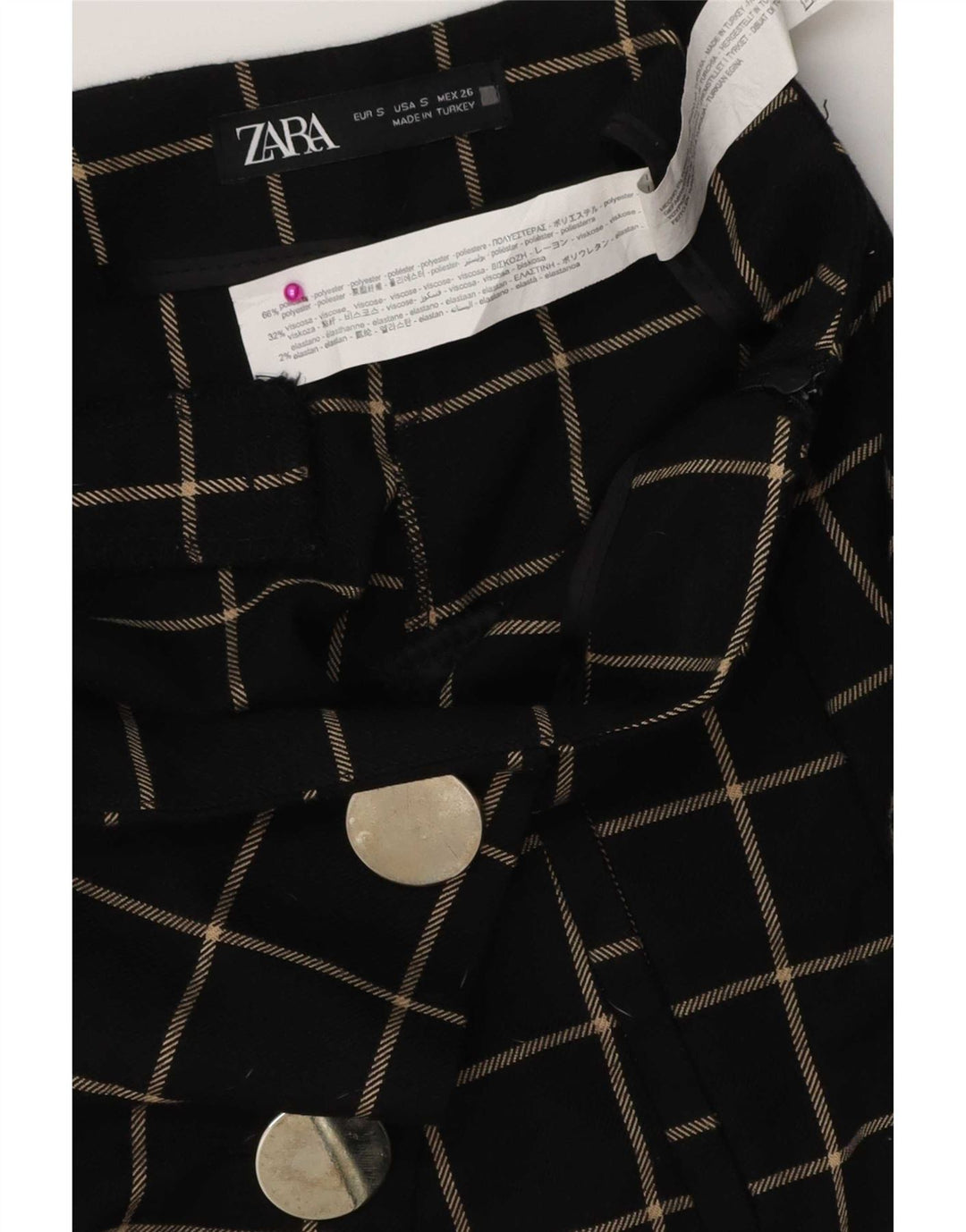 Zara Shorts feminino casual pequeno W26 poliéster xadrez preto