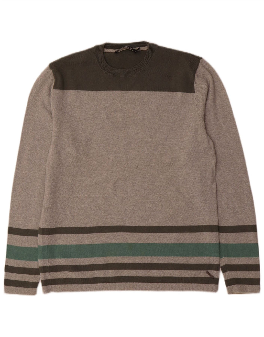 Suéter masculino DKNY com gola redonda e lã listrada cinza pequena