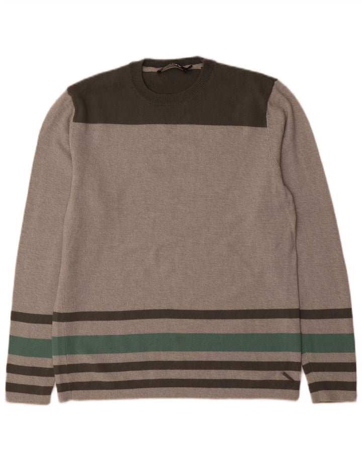 Suéter masculino DKNY com gola redonda e lã listrada cinza pequena