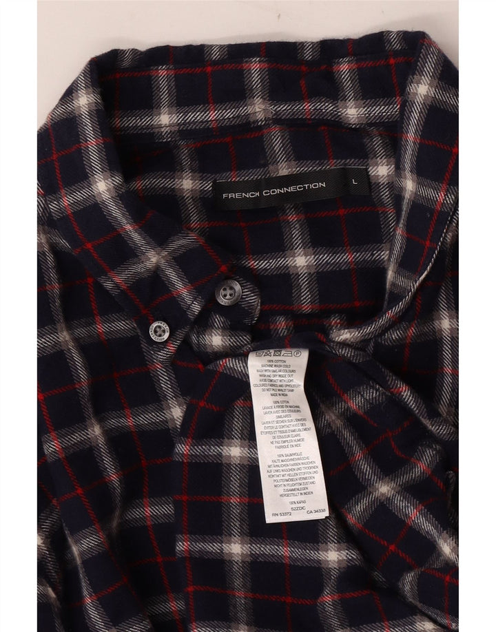 Camisa masculina de flanela French Connection grande algodão xadrez azul marinho