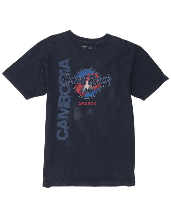 Camiseta masculina Hard Rock Cafe Angkor com estampa gráfica grande algodão azul marinho