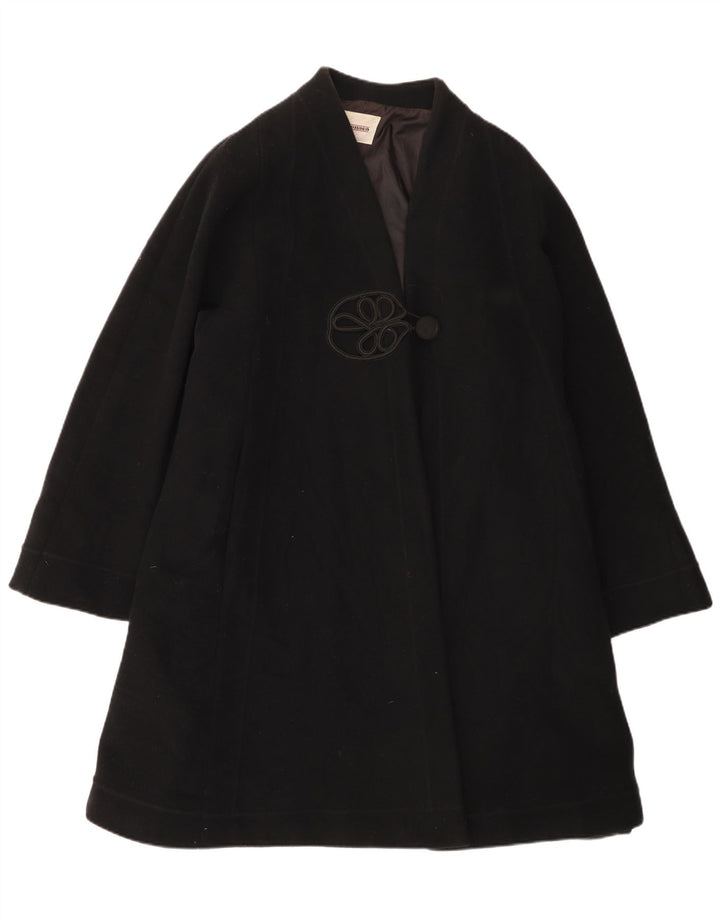 Sobretudo feminino vintage grande Reino Unido 12 lã preta média