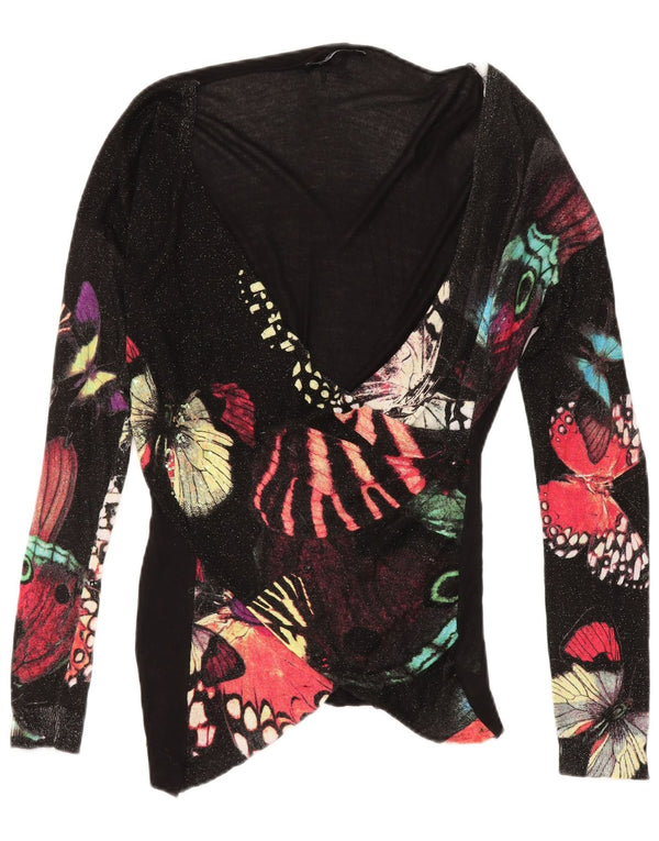 DESIGUAL Top gráfico feminino manga comprida UK 18 XL preto viscose borboleta
