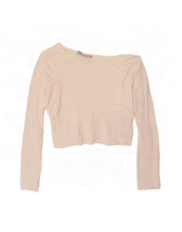 Zara Top feminino de manga comprida com ombros de fora UK 14 Viscose branca grande