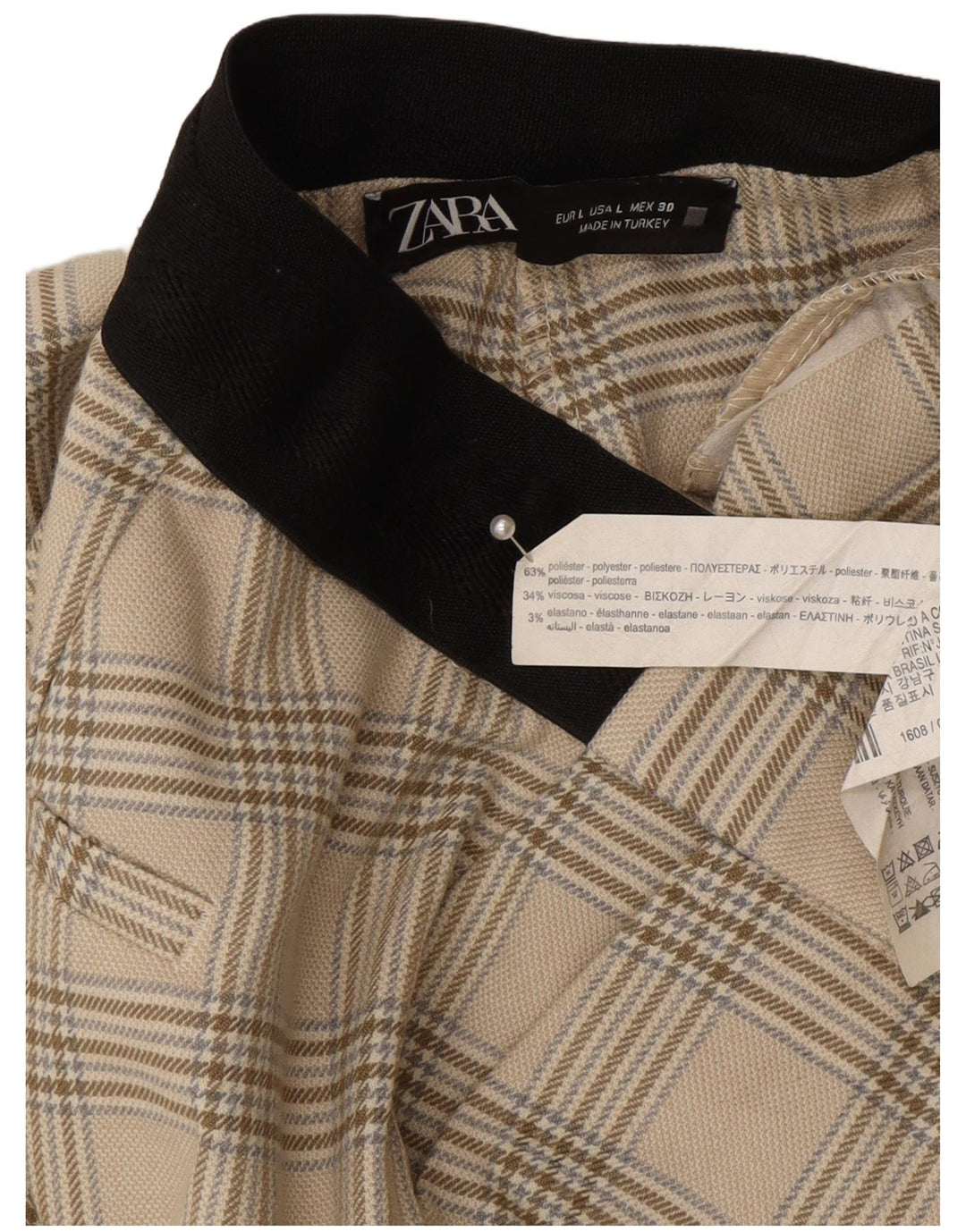 Zara Calça feminina de terno cônico grande W30 L27 poliéster xadrez bege