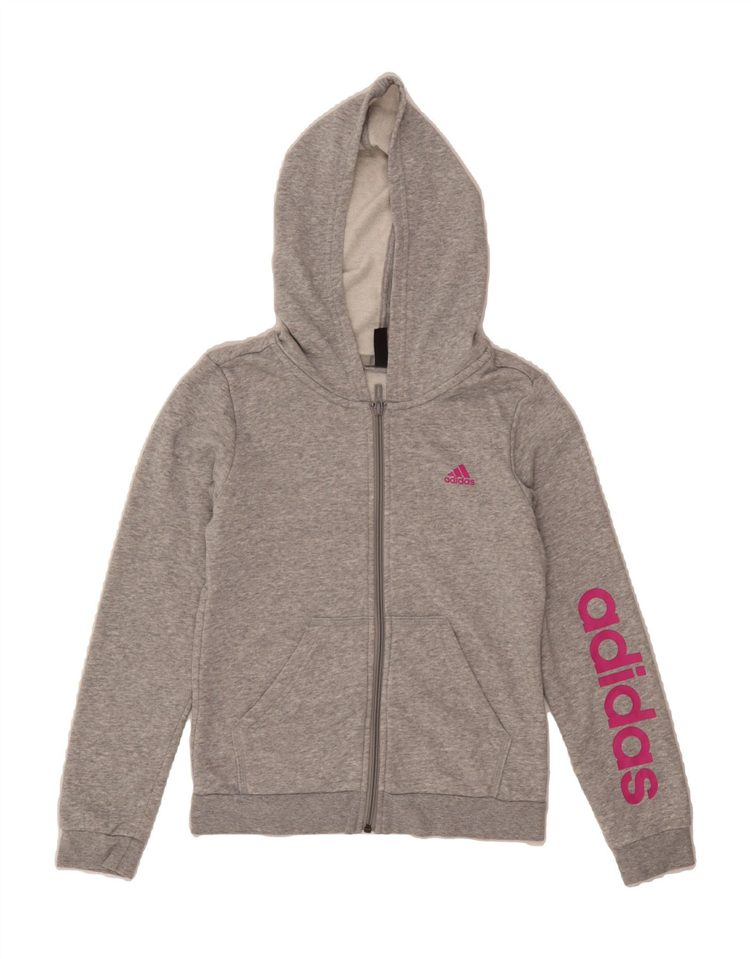 ADIDAS Girls Graphic Zip Hoodie Sweater 11-12 Years Grey Cotton Vintage Adidas and Second-Hand Adidas from Messina Hembry 