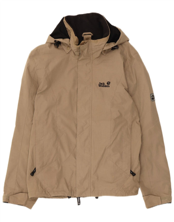 Jaqueta de chuva masculina Jack Wolfskin com capuz Reino Unido 36/38 poliéster bege médio