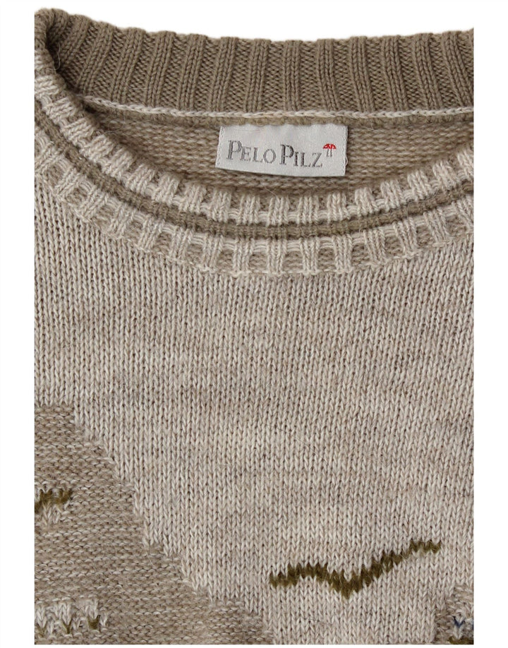 Suéter vintage masculino com gola redonda, retrô cinza médio geométrico