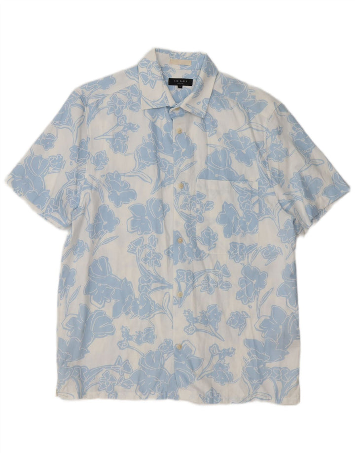 Camisa masculina de manga curta Ted Baker tamanho 3 Lyocell floral azul médio