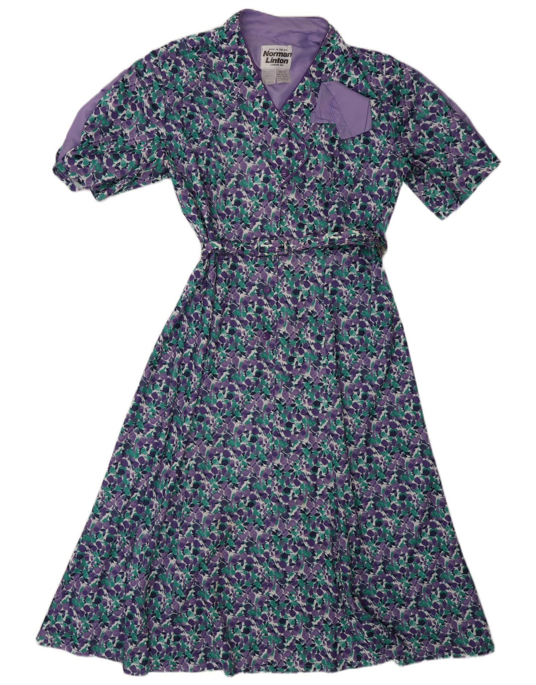 NORMAN LINTON Vestido feminino evasê Reino Unido 16 grande roxo floral poliéster