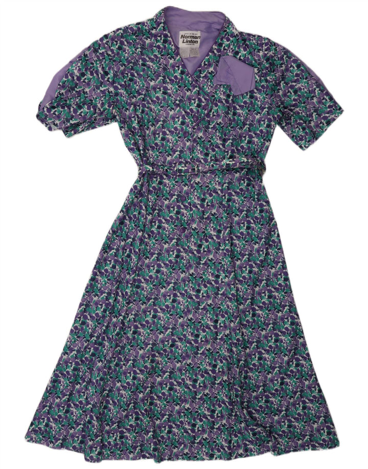 NORMAN LINTON Vestido feminino evasê Reino Unido 16 grande roxo floral poliéster