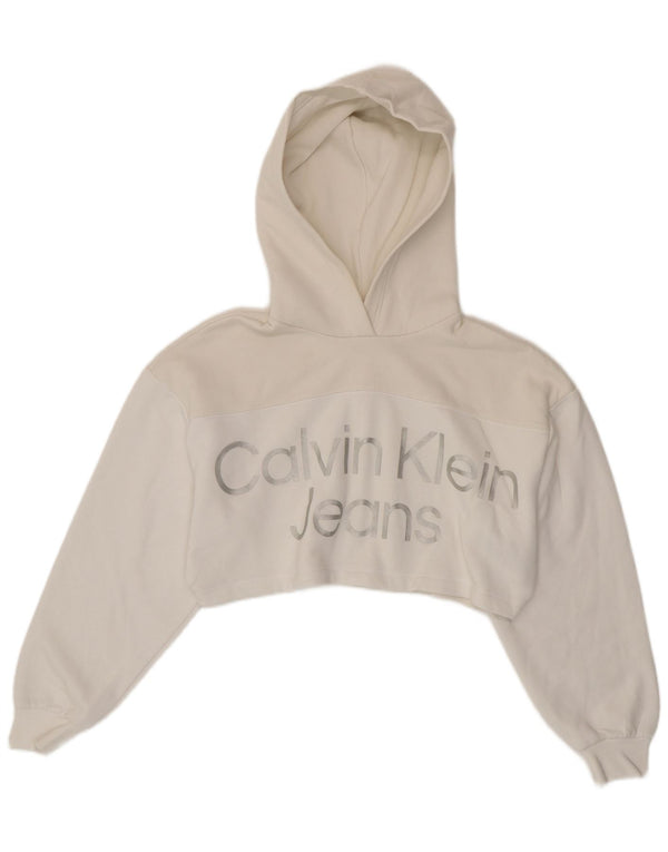 Calvin Klein Jeans feminino oversized gráfico moletom com capuz UK 6 XS branco