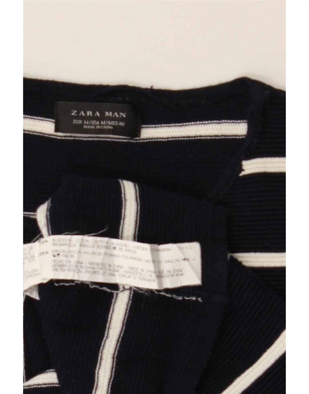 Suéter masculino ZARA com gola redonda, algodão listrado azul marinho médio