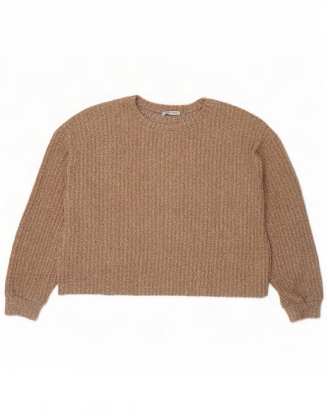 Zara Suéter feminino cropped superdimensionado com gola redonda Reino Unido 14 médio bege