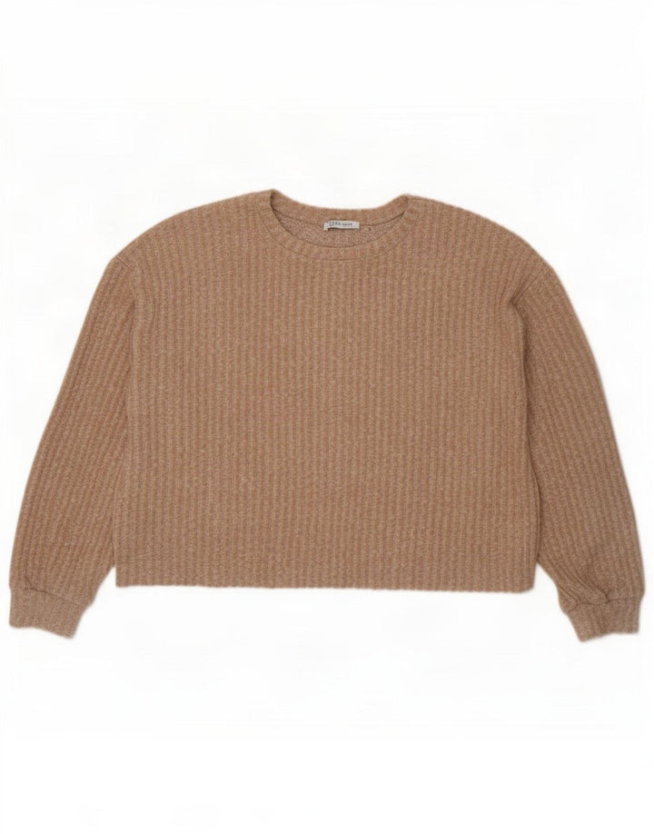 Zara Suéter feminino cropped superdimensionado com gola redonda Reino Unido 14 médio bege