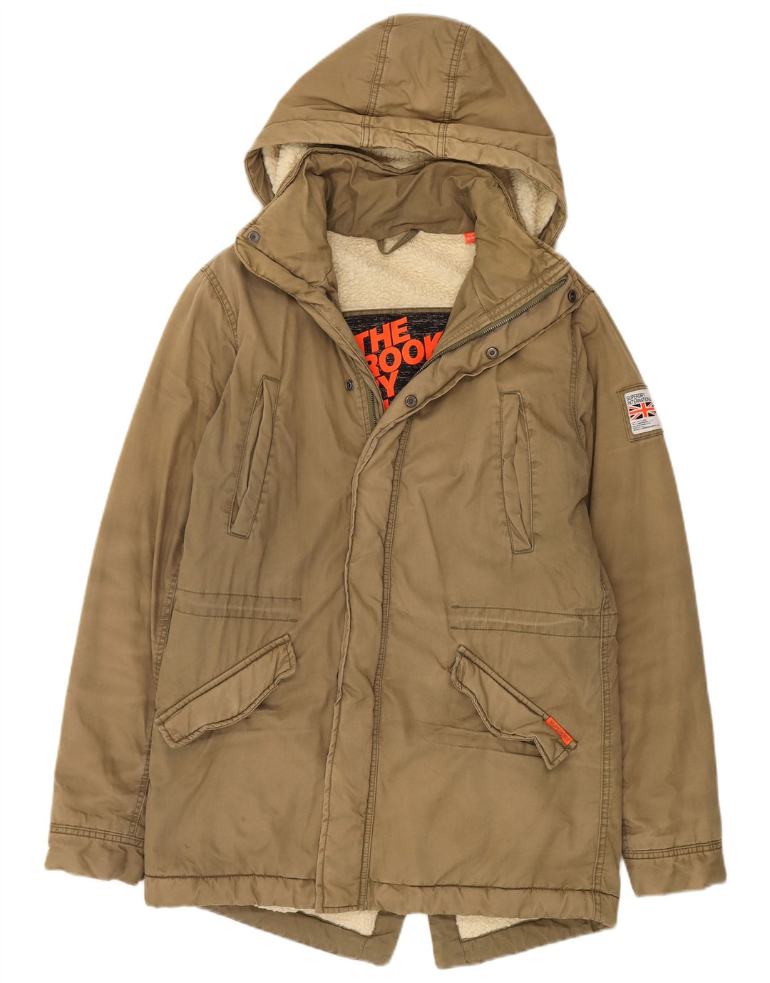 Jaqueta Parka Feminina Superdry com Capuz Reino Unido 16 Grande Algodão Cáqui