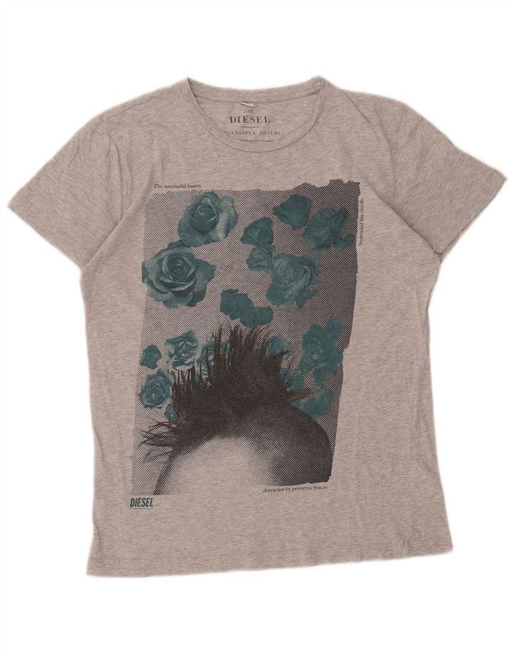 Diesel Camiseta masculina gráfica Top algodão manchado cinza médio