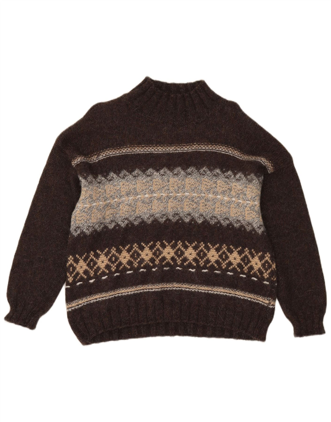 Suéter feminino Sisley com gola tartaruga Reino Unido 14 marrom médio Fair Isle