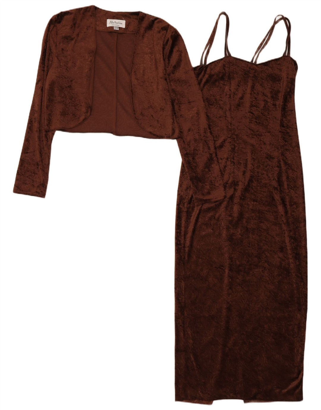 Conjunto de 2 peças de veludo feminino vintage Reino Unido 12 Paisley marrom médio