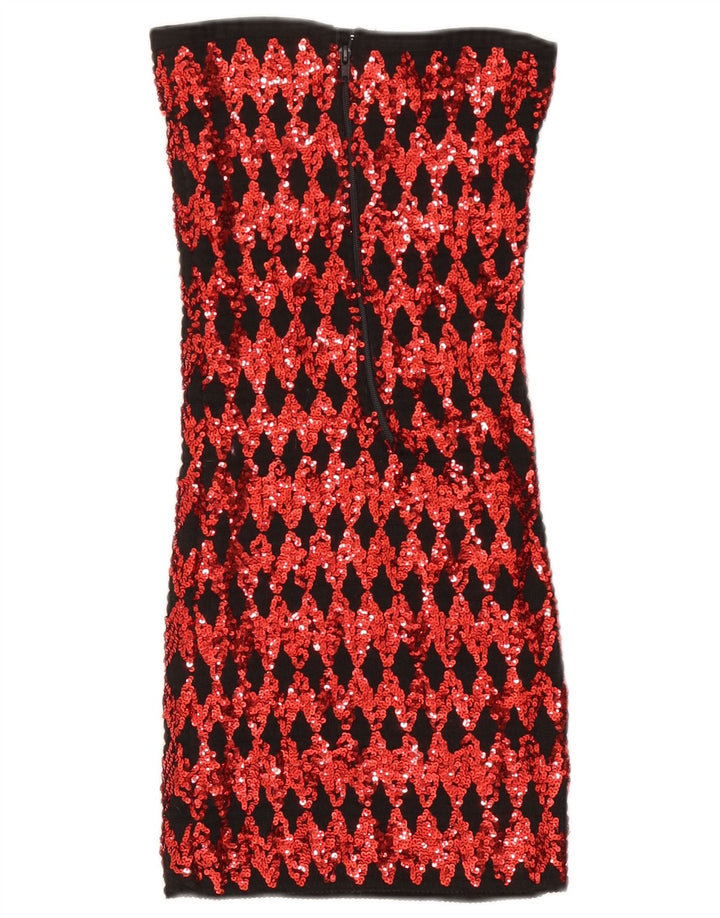 Top feminino vintage sem alças com lantejoulas UK 14 grande vermelho geométrico