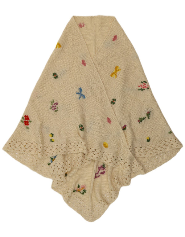 Xale feminino vintage tricotado à mão tamanho único boêmio floral branco