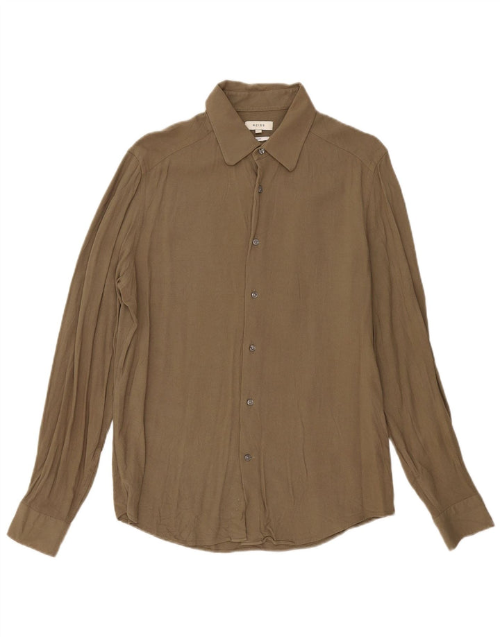 Camisa masculina Reiss Slim Fit grande cáqui viscose
