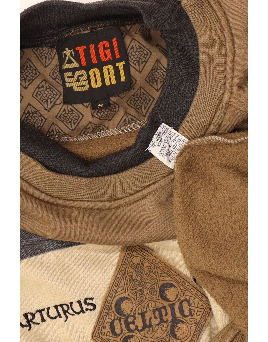 Suéter gráfico masculino vintage, pequeno, marrom, colorblock, poliéster