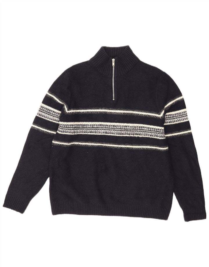 Suéter masculino Marks & Spencer com zíper e gola grande listrado azul marinho