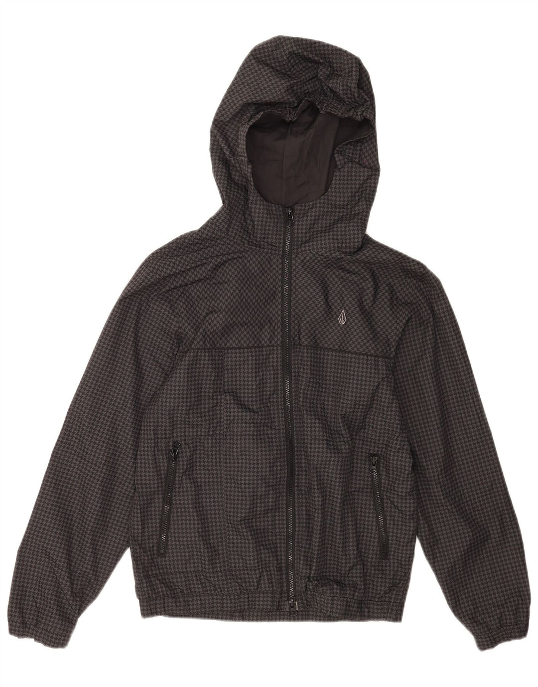 Jaqueta de chuva com capuz para meninas Volcom 13-14 anos XL cinza Houndstooth poliéster