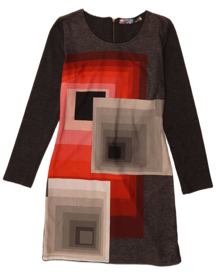 Vestido bainha feminino Desigual manga comprida UK 12 cinza médio geométrico
