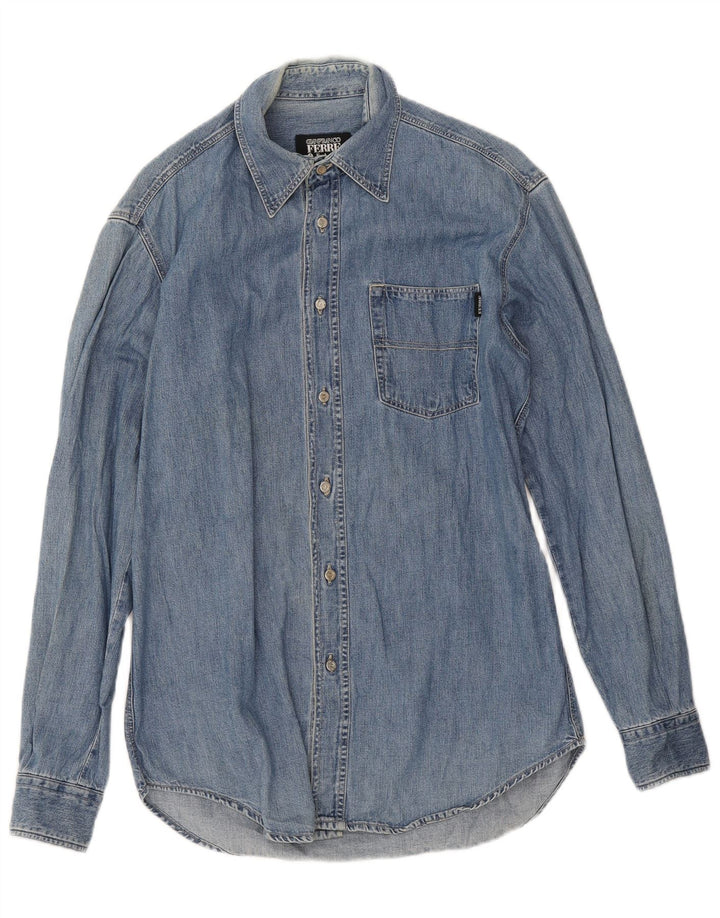Camisa jeans masculina Gianfranco Ferre pequena azul
