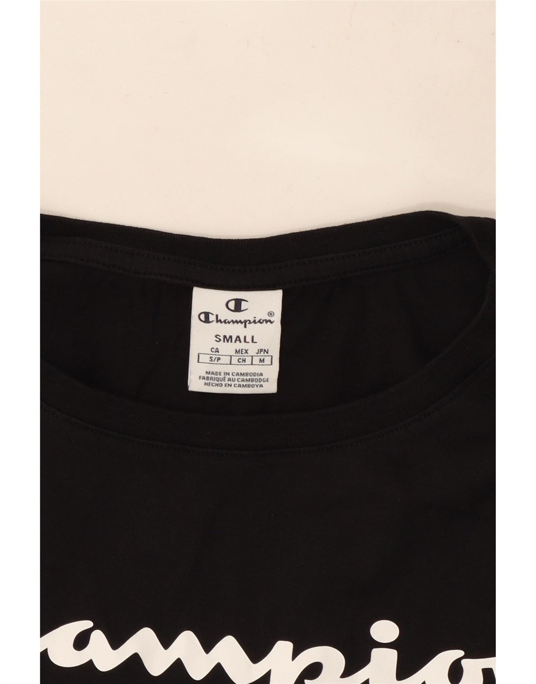 Camiseta feminina CHAMPION com estampa de grandes dimensões UK 10 pequena preta