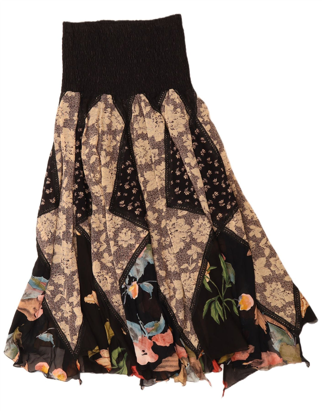 Saia cigana assimétrica feminina vintage W30 patchwork médio multicolorido