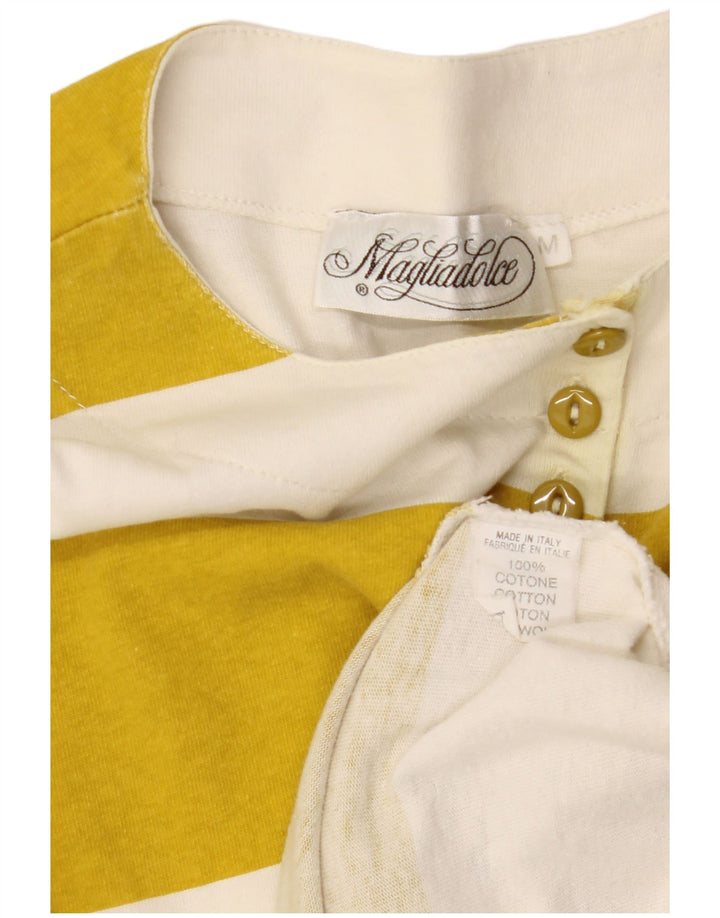 Top gráfico feminino VINTAGE manga longa Reino Unido 14 algodão listrado amarelo médio