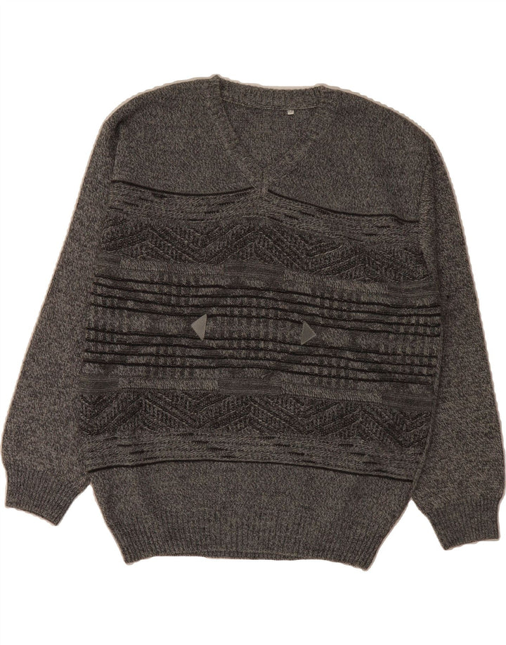 VINTAGE Mens V-Neck Jumper Sweater IT 54 XL Grey Fair Isle Wool Vintage Vintage and Second-Hand Vintage from Messina Hembry 
