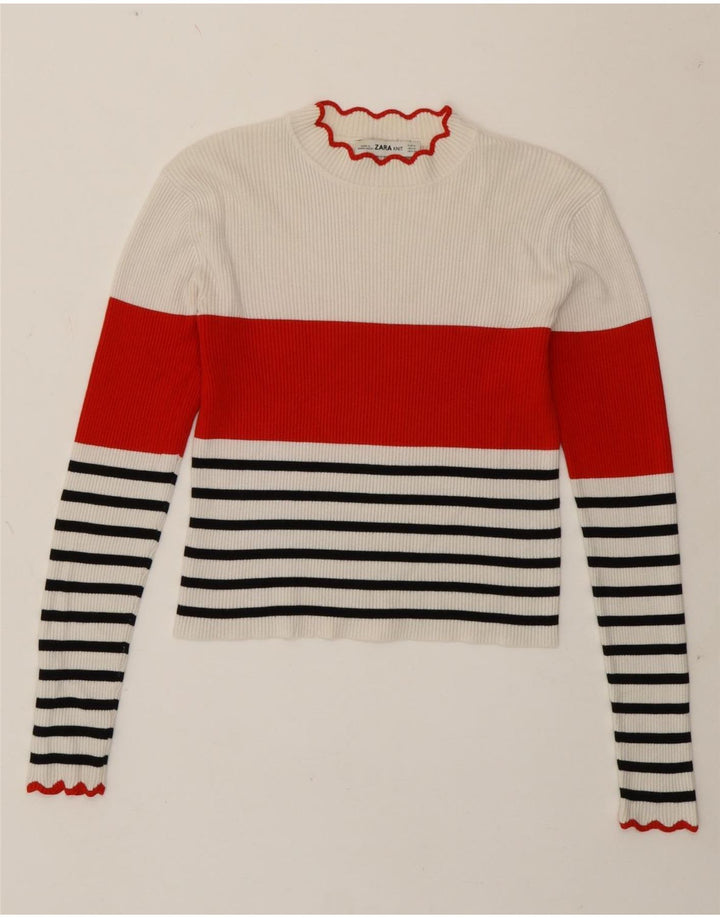 Zara Womens Crop Top Manga Longa Reino Unido 12 Médio Listrado Branco