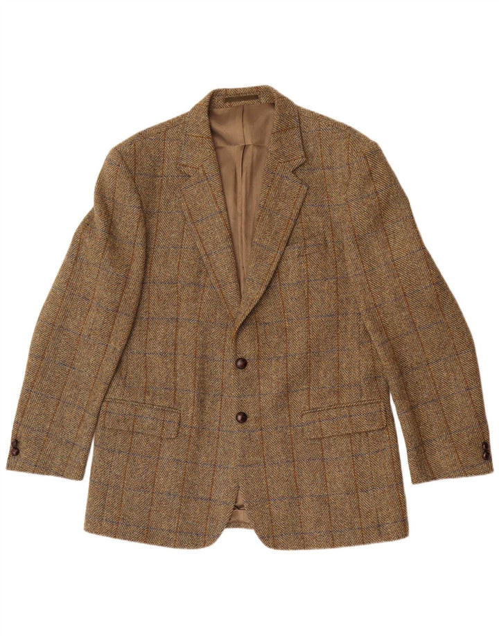 Jaqueta blazer masculina Harris Tweed Longline UK 42 XL cáqui espinha de peixe